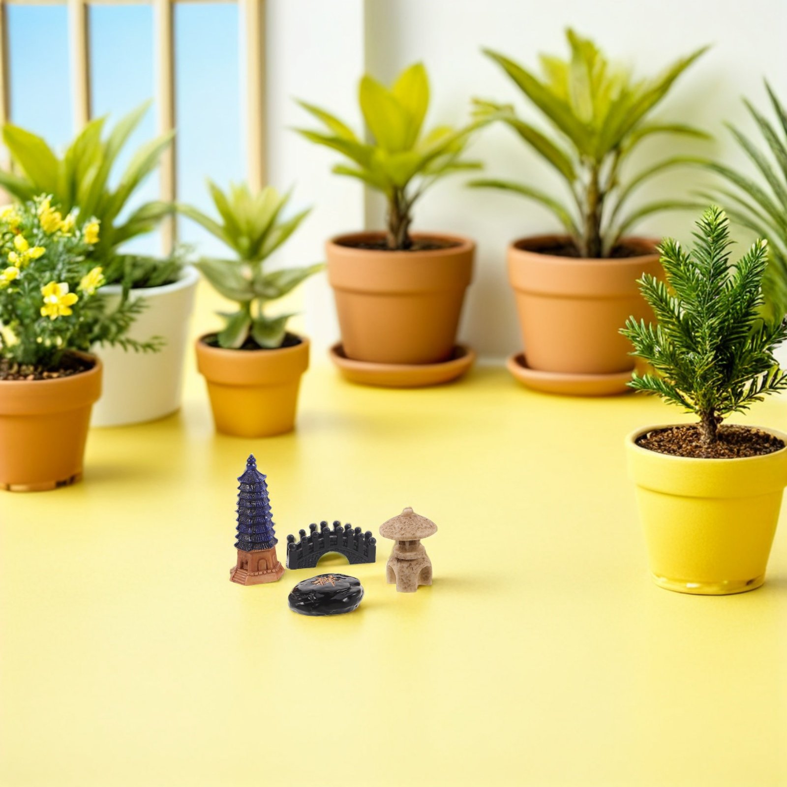 Bonsai Garden For Desk - ชุดรูปปั้นเจดีย์ญี่ปุ่นขนาดเล็ก 4 ชิ้น ทำจากเรซิน สำหรับตกแต่งสวนเซน โต๊ะทำงาน