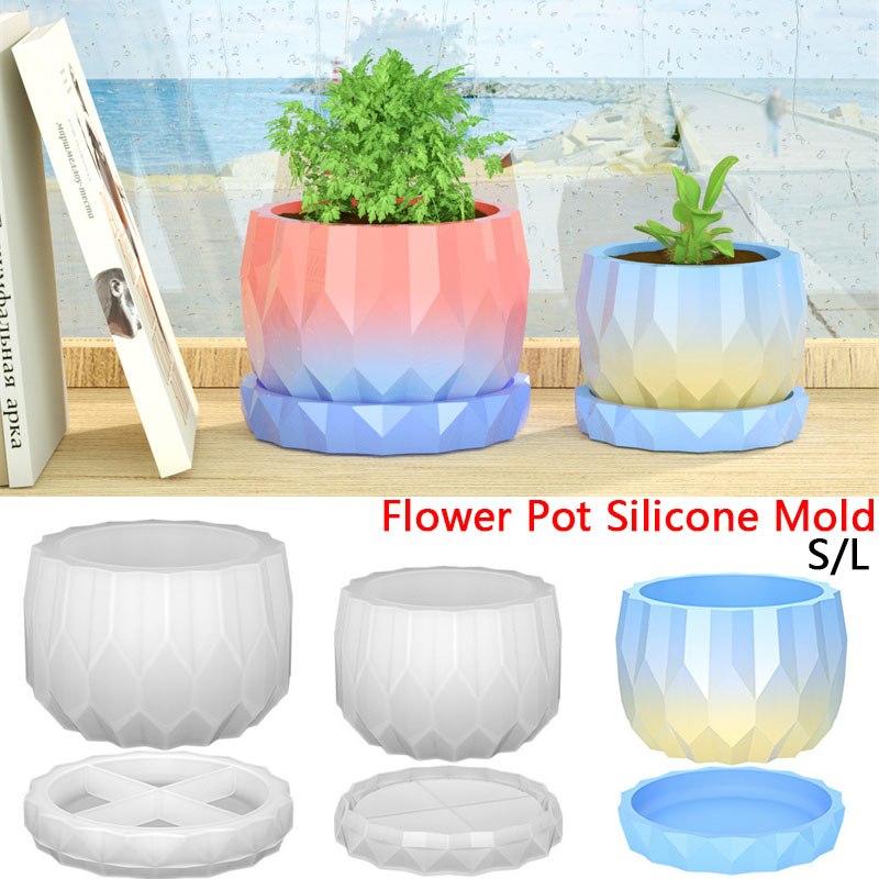 Bonsai Garden Decor - 1 ชุดซิลิโคน Planter แม่พิมพ์สําหรับคอนกรีตดอกไม้หม้อและจานรอง DIY เพชรรูป